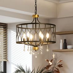 a chandelier hanging from the ceiling in a room with plants and other decorations