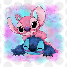 a pink and blue cartoon character with big eyes sitting on top of a small turtle