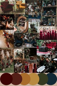 a collage of different color schemes for wedding decorations and decorating with red, orange, green, gold, and burgundy colors