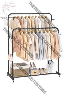 an iron rack with clothes and shoes hanging on the rail, in front of a white background