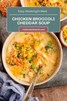 chicken broccoli cheddar soup in a bowl with a spoon on the side