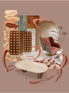 a collage of different furniture and decor items in shades of brown, pink, orange and white