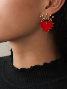 Red Fashionable   Zinc Alloy  Stud Embellished   Jewelry Heart Headpiece, Enamel Stud Earrings, Crown Earrings, Heart Crown, Heart Fashion, Crown Design, Stud Jewelry, Watches Women Fashion, Christmas Earrings