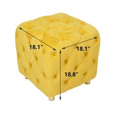 a yellow square ottoman with measurements for the top and bottom portion, on a white background