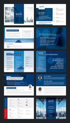 the blue and white brochure is displayed in three different positions, including one for each