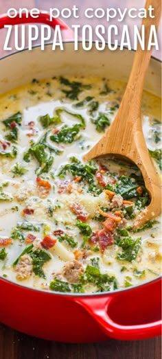 a red pot filled with cheese and spinach soup