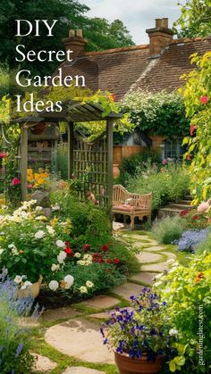 a garden with lots of flowers and plants in the front, along with a bench