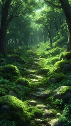 a path in the middle of a forest with green moss growing on it's sides