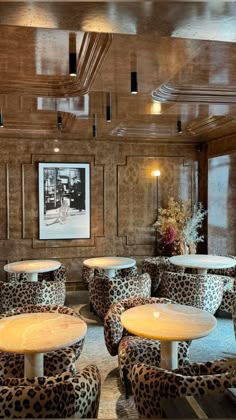 a room with leopard print chairs and tables