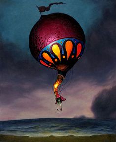 a painting of a butterfly hot air balloon flying over the ocean with a caption in spanish