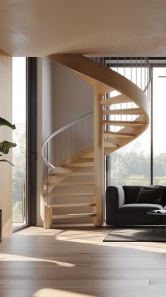 a living room with a spiral staircase next to a couch