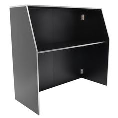 an office desk with a black and silver finish on the top, two doors open