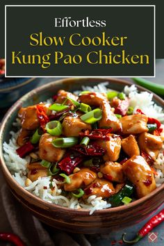 Enjoy an effortless dinner with this slow cooker Kung Pao Chicken recipe. Perfect for busy weekdays, this Szechuan dish offers a blend of spicy, savory, and sweet flavors. Save this pin to your slow cooker recipes board and click to get the full recipe. Come home to a delicious, ready-to-eat meal every time! Crock Pot Kung Pao Chicken, Chinese Chicken Bowl, Kung Pao Chicken Crockpot, Crockpot Kung Pao Chicken, Slow Cooker Kung Pao Chicken, Slow Cooker Spicy Chicken, Szechuan Chicken, Kung Pao Chicken Recipe, Slow Cooked Chicken