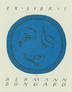 an image of a blue circle with two birds on it and the words ex libris herman bong - gard