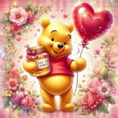 a winnie the pooh bear holding a honey jar with a heart shaped balloon in it