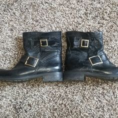 Awesome Biker Boots!!!! Great Shape, Some Dirt On Bottoms And A Small Rub On Right Toe (See Pic) Otherwise Gorgeous! No Lowball Offers Please. Biker Boots, Jimmy Choo Shoes, Moto Boots, Jimmy Choo, Black Silver, Women Shoes, Boots, Silver, Women Shopping