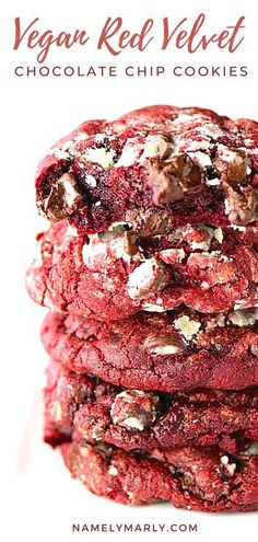 vegan red velvet chocolate chip cookies stacked on top of each other with text overlay