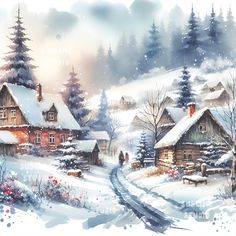 a painting of a winter scene with houses and trees