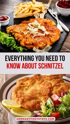 fish and chips with the words everything you need to know about schnitzel