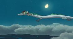 a dragon flying through the sky with a girl on it's back and a moon in the background