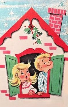 an old fashioned christmas card with two children looking out the window