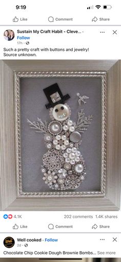 an image of a snowman made out of buttons and pearls in a silver frame