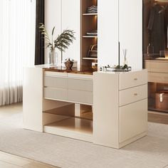 a white cabinet with drawers and plants in the middle is next to an open closet