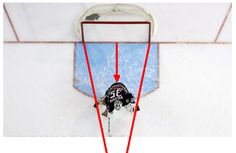 an overhead view of a hockey goalie in the middle of his shot, with red arrows pointing up at him