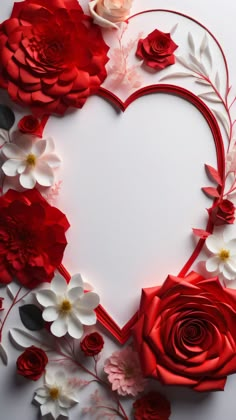 a heart shaped frame with red roses and white daisies on the bottom, surrounded by other flowers