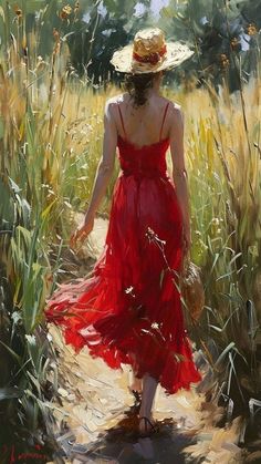 a painting of a woman in a red dress and straw hat walking through tall grass