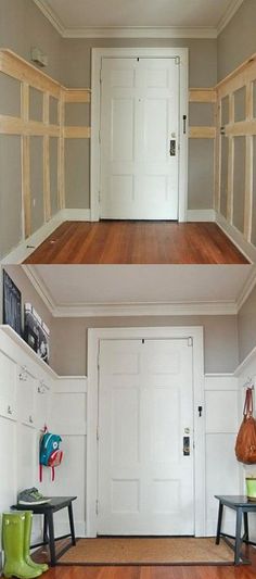 the before and after pictures of a white door in a room with hardwood floors, walls, and flooring