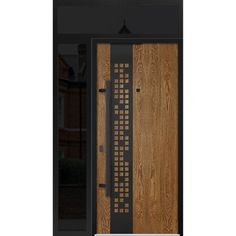 a wooden door with metal grates on the front and side panels that have been designed to look like wood