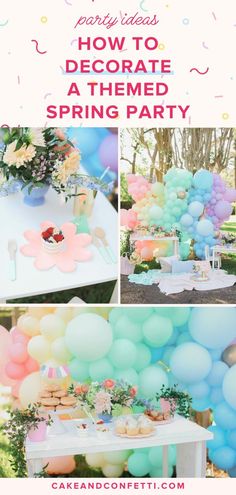 an outdoor party with balloons, cake and desserts in pastel colors on the table