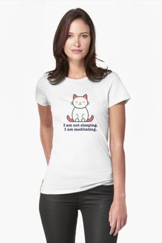 Meditating Cat - I am not sleeping. I am meditating white and orange cat Fitted T-Shirt Black Cat Lover, Black Stickers, Cute Black Cats, Husky Puppy, Buy A Cat, Cat Face, Cute Black, Workout Tops, Black Cat