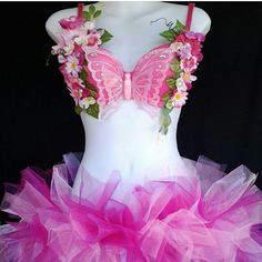 Pink Butterfly Fairy Made With Silk Flowers Comes With Matching Pink Tutu. Never Worn. Brand New. Fairy Rave, Decorated Bras, Butterfly Bra, Ren Faire Costume, Mermaid Bra, Fairy Outfit, Edc Outfits, Rave Bra, Dance Tights