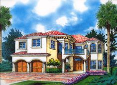 this is an artist's rendering of these mediterranean style homeplans and palm trees