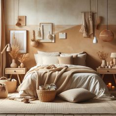 a bedroom with beige walls and white bedding is pictured in this image, there are candles on the nightstands next to the bed