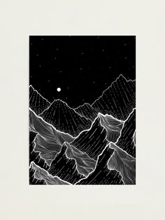 a black and white drawing of mountains at night with the moon in the sky above