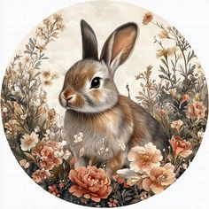 a painting of a rabbit surrounded by flowers