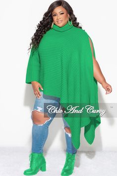 100% Acrylic Belt sold separately Turtleneck Poncho, Chic And Curvy, Kelly Green, Neon Green, Final Sale, Sweaters & Cardigans, One Shoulder, Turtle Neck, Plus Size