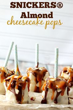 caramel cheesecake pops with chocolate drizzle on top