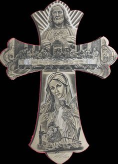 a cross with the image of mary and jesus on it