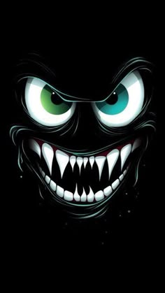 an evil looking face with green eyes and fangs on it's teeth, in the dark