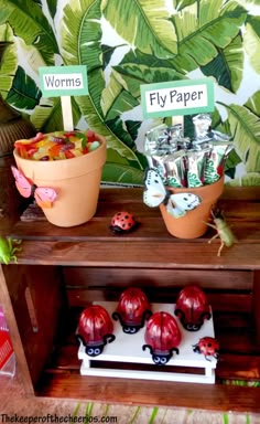 a wooden shelf topped with lots of different types of candies