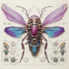 a drawing of a bug made out of various parts and colors, including the wings