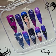 Hand painted Coraline press on nail set  The nails pictured are in the style long stiletto. As the nails are fully hand painted they can vary slightly but i will try my best to get them as accurate to the picture as i can, but no matter what they'll always look amazing!! All my press ons are sent in super cute packaging (of course)! The standard packaging is a recyclable nail card (seen in picture 3) that will hold your new set of nails, the option of a reusable compact (seen in picture 1) can b Coraline Hand, Caroline Nails Art, Coraline Nails Short, 3d Coraline Nails, Coraline Nail Designs, Coraline Nails Acrylic, Coraline Inspired Nails, Coraline Nails Art, Coraline Nails