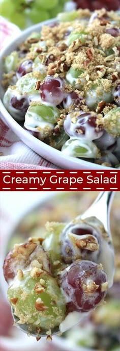 two pictures with grapes and cream in them