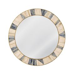 a round mirror with blue and beige stripes on it's edge, against a white background