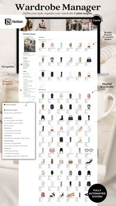 weekly notion template Digital Wardrobe Design, Outfit Planning Organization, Week Outfit Plan, Notion Wardrobe, Outfit Planning App, Notion Hacks, Wardrobe Management, Plan Outfits, Study Planner Free