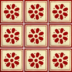 nine red and white squares with flowers on them